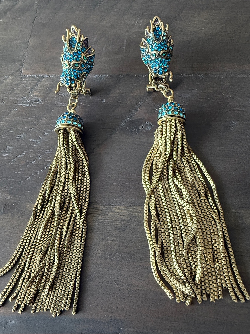 Aged Gold-Tone metal dragon 🐉 Tassel Earrings with Teal Crystals